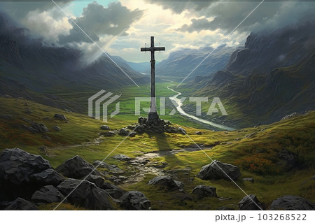 A panoramic view of a valley or landscape with a large cross in the foreground. Generative AI A panoramic view of a valley or landscape with a large cross in the foreground. Generative AI 103268522