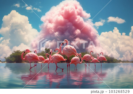A surreal image of a group of flamingos enjoying a summer day at the beach, surrounded by pink flamingo-shaped clouds and palm trees. Generative AI 103268529