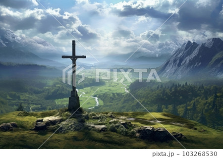 A panoramic view of a valley or landscape with a large cross in the foreground. Generative AI A panoramic view of a valley or landscape with a large cross in the foreground. Generative AI 103268530