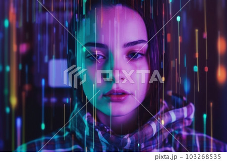 A person's face being replaced by a glitchy digital image, as if their identity is being erased by their smartphone addiction. Generative AI 103268535