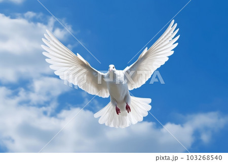 A white dove in flight against a blue sky with fluffy clouds. Generative AI A white dove in flight against a blue sky with fluffy clouds. Generative AI 103268540