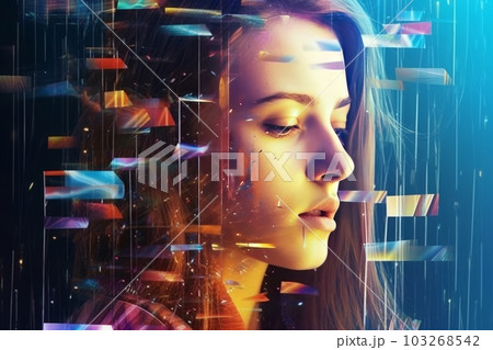 A person's face being replaced by a glitchy digital image, as if their identity is being erased by their smartphone addiction. Generative AI 103268542