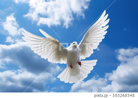 A white dove in flight against a blue sky with fluffy clouds. Generative AI 103268548