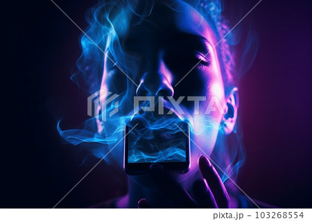 A person's face being consumed by the light of a smartphone screen, as if being sucked into the device. Generative AI 103268554