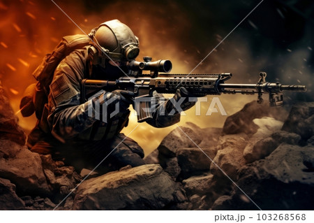 An image of a special forces sniper taking aim from a strategic position. Generative AI An image of a special forces sniper taking aim from a strategic position. Generative AI 103268568