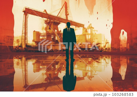 An oil well with the silhouette of a person in a business suit standing in front of it, double exposure style. Generative AI 103268583