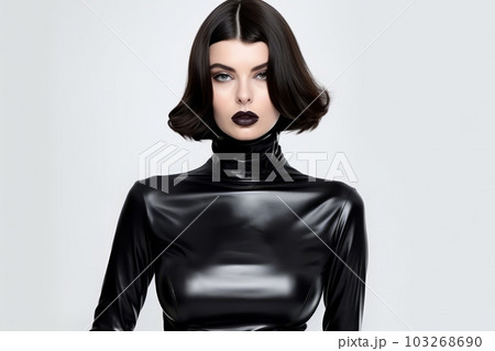 Glamour stylish beautiful young model in black latex clothing on white background. Generative Ai Glamour stylish beautiful young model in black latex clothing on white background. Generative Ai 103268690