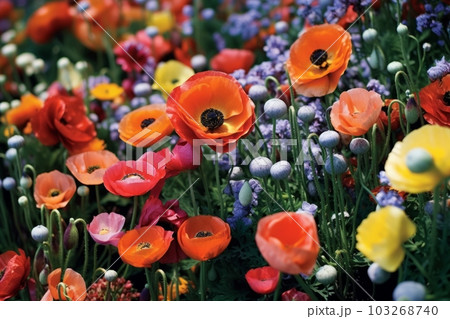 An image of a small, colorful garden of poppies, with various colors and sizes. Generative AI An image of a small, colorful garden of poppies, with various colors and sizes. Generative AI 103268740