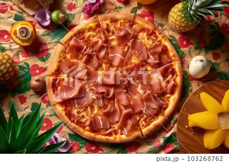 A high-angle shot of a loaded Hawaiian pizza with pineapple, ham, and bacon, sitting on a vintage red checkered tablecloth. Generative AI 103268762