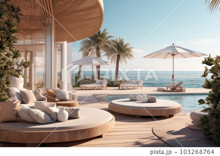 A captivating image of a chic poolside lounge area, offering a perfect blend of lavish design and awe-inspiring ocean views for an unforgettable summer experience. Generative AI 103268764