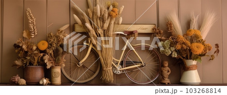 A banner featuring a single dried flower in a unique or unexpected setting, such as a bookshelf, desk, or bicycle basket, that adds interest and curiosity. Generative AI A banner featuring a single dried flower in a unique or unexpected setting, such as a bookshelf, desk, or bicycle basket, that adds interest and curiosity. Generative AI 103268814