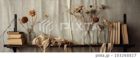 A banner featuring a single dried flower in a unique or unexpected setting, such as a desk, that adds interest and curiosity. Generative AI A banner featuring a single dried flower in a unique or unexpected setting, such as a desk, that adds interest and curiosity. Generative AI 103268817