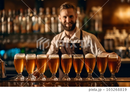 A bartender pulling a beer tap with a line of beer mugs waiting to be filled, with a focus on the tap and frothing beer. Generative AI A bartender pulling a beer tap with a line of beer mugs waiting to be filled, with a focus on the tap and frothing beer. Generative AI 103268819