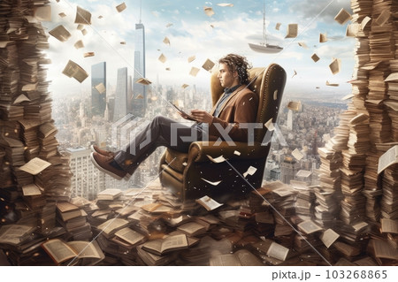 An image of a writer sitting in a chair, surrounded by flying books that create a whirlwind around them, with city skyscrapers visible in the background. Generative AI 103268865
