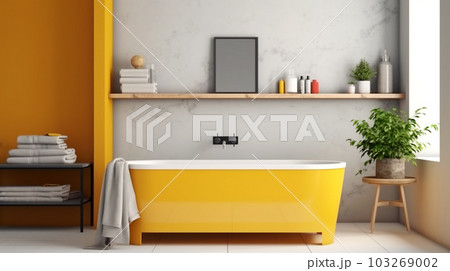Bathroom design with a bathtub in the center in a minimalist style, Generated AI Bathroom design with a bathtub in the center in a minimalist style, Generated AI 103269002