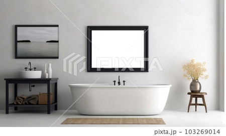 Bathroom design with a bathtub in the center in a minimalist style, Generated AI 103269014