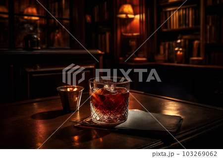Cozy, dimly lit bar with rich, wood-paneled walls and a beautifully crafted Manhattan cocktail resting on the bar. AI generated 103269062