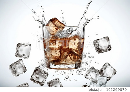 A close-up shot of ice cubes falling into a glass of clear liquid, captured from the top-down angle, with a white background that adds a sense of purity and freshness to the scene. Generative AI A close-up shot of ice cubes falling into a glass of clear liquid, captured from the top-down angle, with a white background that adds a sense of purity and freshness to the scene. Generative AI 103269079