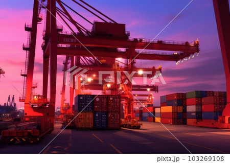 Containers loading by crane in the twilight. Concept of business and industry import export. shipping, logistics, international trade. Generative AI 103269108