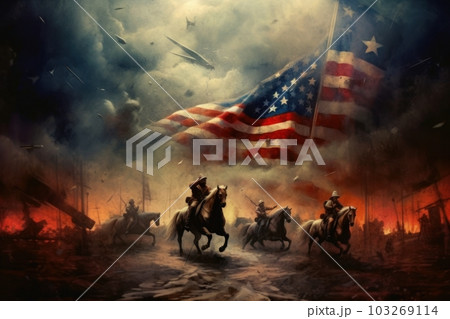 Illustration of American Marines over American flag in vintage style art. Generative AI Illustration of American Marines over American flag in vintage style art. Generative AI 103269114