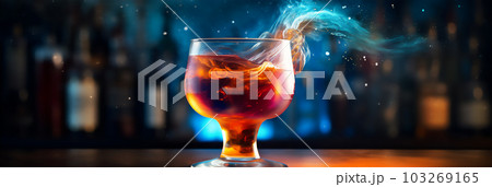 Bright cosmic cocktail in tall glass on bar top, with colorful turbulence, AI generated 103269165