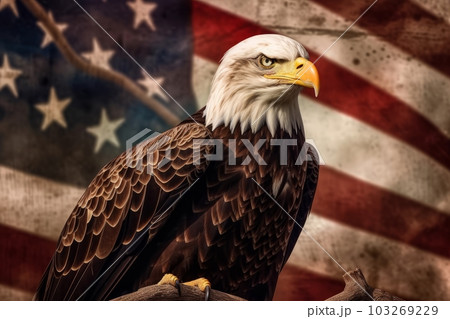 An American bald eagle perched on a branch with an American flag in the background, symbolizing freedom and strength. Generative Ai 103269229