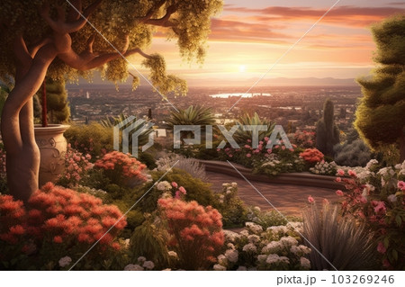 A panoramic view of a buganvillea garden with a sunset in the background, creating a calming and serene atmosphere. Generative AI 103269246