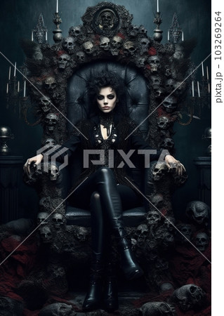 A vampire woman sitting on a throne made of skulls with her hands on the armrests, looking menacingly at the viewer. Generative AI A vampire woman sitting on a throne made of skulls with her hands on the armrests, looking menacingly at the viewer. Generative AI 103269264