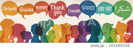 Speech bubbles with text -thank you- in various international languages.Group of silhouette multicultural people profile from different country and continents.Thanks.Thankful.Diversity Speech bubbles with text -thank you- in various international languages.Group of silhouette multicultural people profile from different country and continents.Thanks.Thankful.Diversity 103269298
