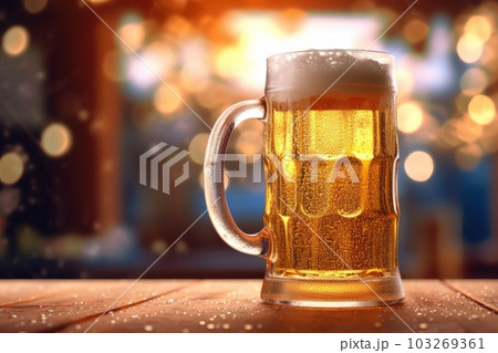 A close-up shot of a cold, frothy beer mug with condensation droplets on the outside, sitting on a wooden bar counter. Generative AI 103269361