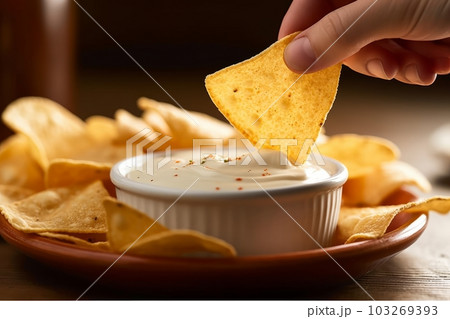 Dipping a chip into a bowl of flavorful dip, with close attention paid to the texture and colors of both the chip and the dip. Generative Ai 103269393