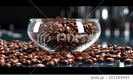 Roasted coffee beans on a plate in cafe, close-up, Generated AI 103269485