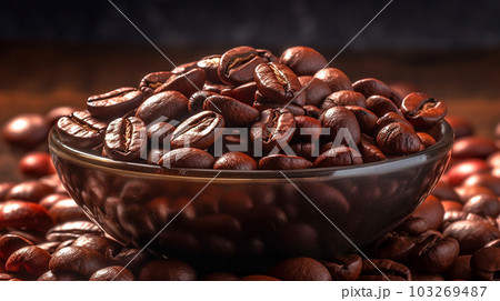 Roasted coffee beans on a plate in cafe, close-up, Generated AI Roasted coffee beans on a plate in cafe, close-up, Generated AI 103269487