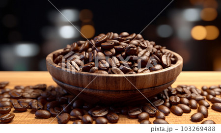 Roasted coffee beans on a plate in cafe, close-up, Generated AI Roasted coffee beans on a plate in cafe, close-up, Generated AI 103269488