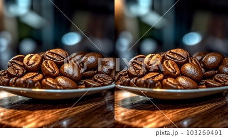Roasted coffee beans on a plate in cafe, close-up, Generated AI Roasted coffee beans on a plate in cafe, close-up, Generated AI 103269491