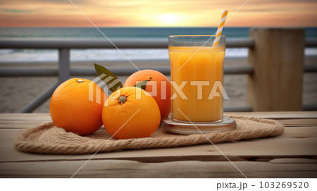A glass of multifruit juice on nature background, vacation, relaxation concept, copy space, Generated AI 103269520