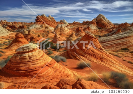 A dramatic shot of the South Coyote Buttes rock formations in the National Park, with their striking colors and textures. Generative AI A dramatic shot of the South Coyote Buttes rock formations in the National Park, with their striking colors and textures. Generative AI 103269550