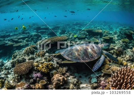 A lush natural reef teeming with sea life. Colorful tropical fish of every hue swimming by schools of parrotfish. Sea turtles gracefully gliding through the coral. Generative AI A lush natural reef teeming with sea life. Colorful tropical fish of every hue swimming by schools of parrotfish. Sea turtles gracefully gliding through the coral. Generative AI 103269558