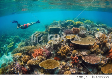 A lush natural reef teeming with sea life. Colorful tropical fish of every hue swimming by schools of parrotfish. Sea turtles gracefully gliding through the coral. Generative AI 103269559