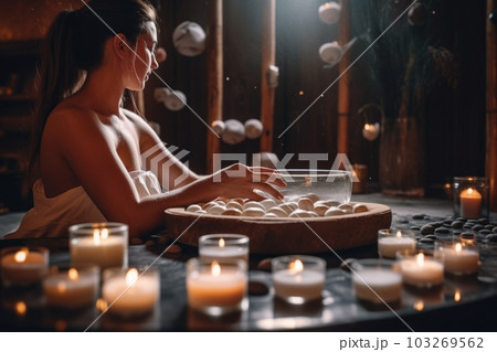 Person meditating in a wellness center, surrounded by soothing colors, fragrances and textures, with a sense of physical and mental relaxation.Concept of holistic wellness and self-care. Generative AI Person meditating in a wellness center, surrounded by soothing colors, fragrances and textures, with a sense of physical and mental relaxation.Concept of holistic wellness and self-care. Generative AI 103269562
