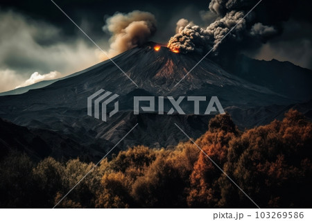 A dramatic shot of Mount Etna, the active volcano in Sicily, with its stunning landscape and unique beauty. Generative Ai 103269586