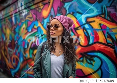 A young woman posing in front of a colorful and artistic graffiti mural, wearing a fashionable outfit, with a sense of confidence and style. Concept of creativity and self-expression. Generative AI 103269609