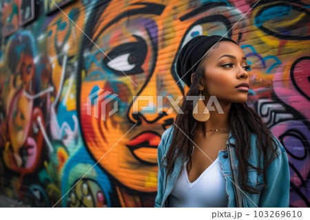 A young woman posing in front of a colorful and artistic graffiti mural, wearing a fashionable outfit, with a sense of confidence and style. Concept of creativity and self-expression. Generative AI 103269610