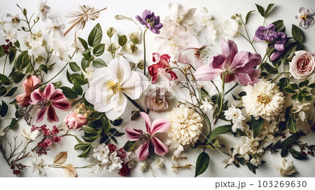 Oil flower painting, botanic print on canvas, greeting card, nature concept. Generated AI 103269630