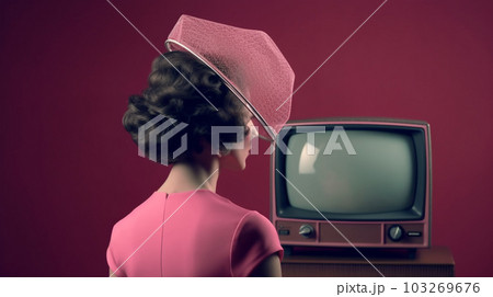 Vintage illustration of a woman in an old-fashioned pink dress watching an old TV, Generated AI Vintage illustration of a woman in an old-fashioned pink dress watching an old TV, Generated AI 103269676