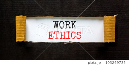 Work ethics symbol. Concept words Work ethics on beautiful white paper. Beautiful black paper cardboard background. Business and Work ethics concept. Copy space. 103269723