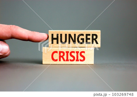 Hunger crisis symbol. Concept words Hunger crisis on wooden blocks on a beautiful grey table grey background. Businessman hand. Business, support and Hunger crisis concept. Copy space. Hunger crisis symbol. Concept words Hunger crisis on wooden blocks on a beautiful grey table grey background. Businessman hand. Business, support and Hunger crisis concept. Copy space. 103269748