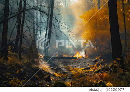Forest fire with fire and smoke. Generative AI illustration 103269774