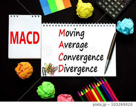 MACD symbol. Concept words MACD moving average convergence divergence on white note on beautiful black background. Business MACD moving average convergence divergence concept. Copy space. MACD symbol. Concept words MACD moving average convergence divergence on white note on beautiful black background. Business MACD moving average convergence divergence concept. Copy space. 103269828