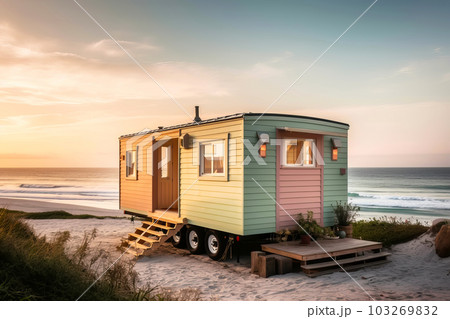 Mobile tiny house for outdoor experiences by a beautiful seashore. Connection with nature. Generative AI illustration 103269832